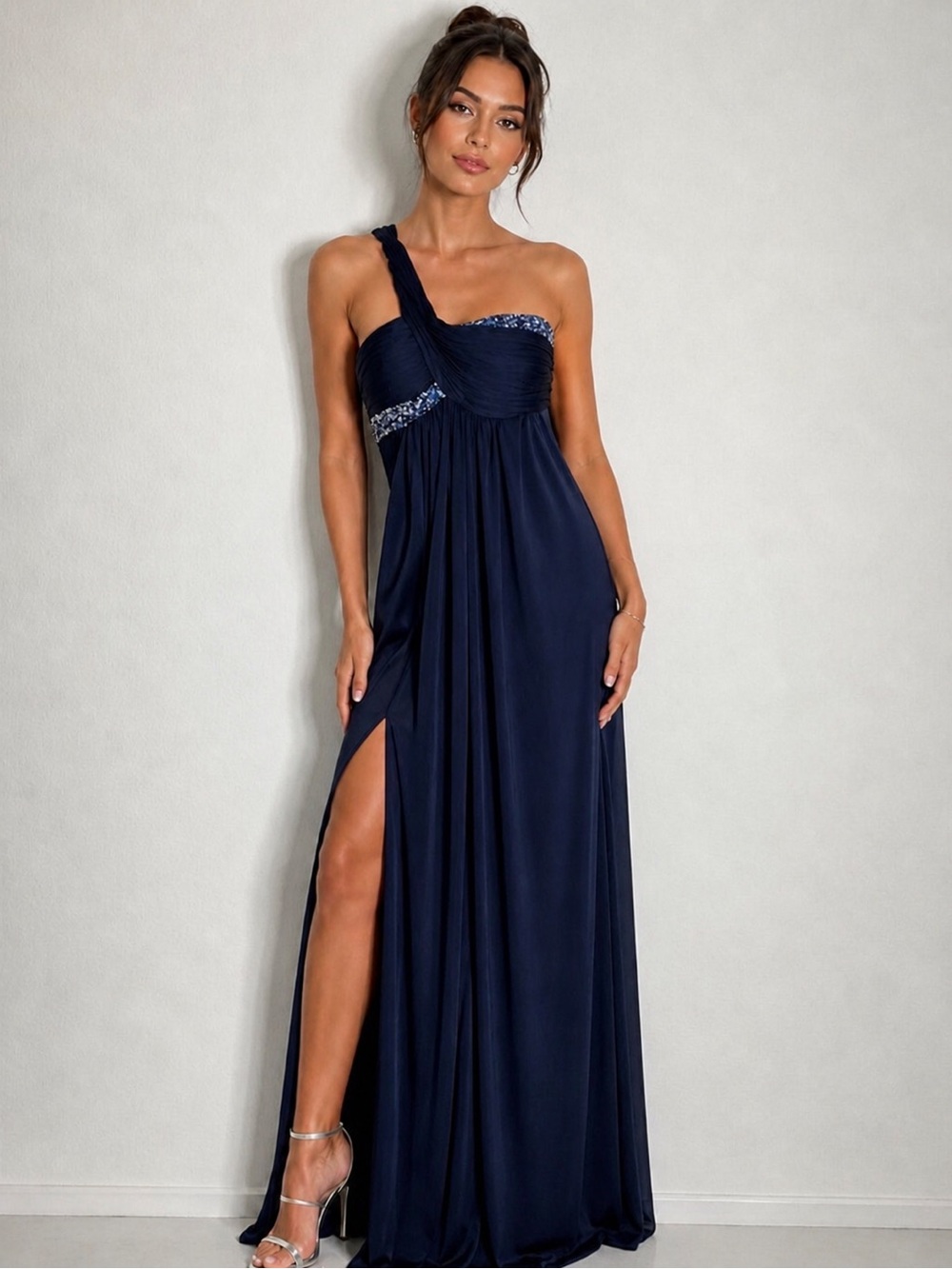 Y2k Vintage Cache Navy One-Shoulder Evening Gown with Beaded Accent Size 8